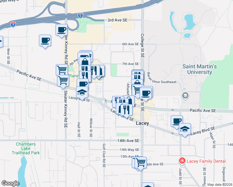 map of restaurants, bars, coffee shops, grocery stores, and more near 4438 Pacific Avenue Southeast in Lacey