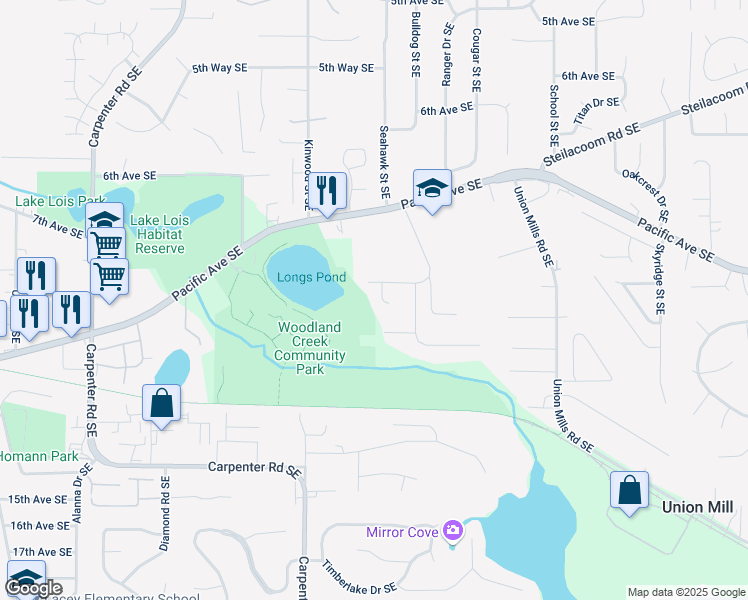 map of restaurants, bars, coffee shops, grocery stores, and more near 925 Park Place Southeast in Olympia