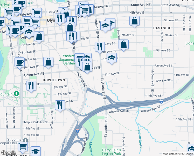 map of restaurants, bars, coffee shops, grocery stores, and more near 1102 Quince Street Southeast in Olympia