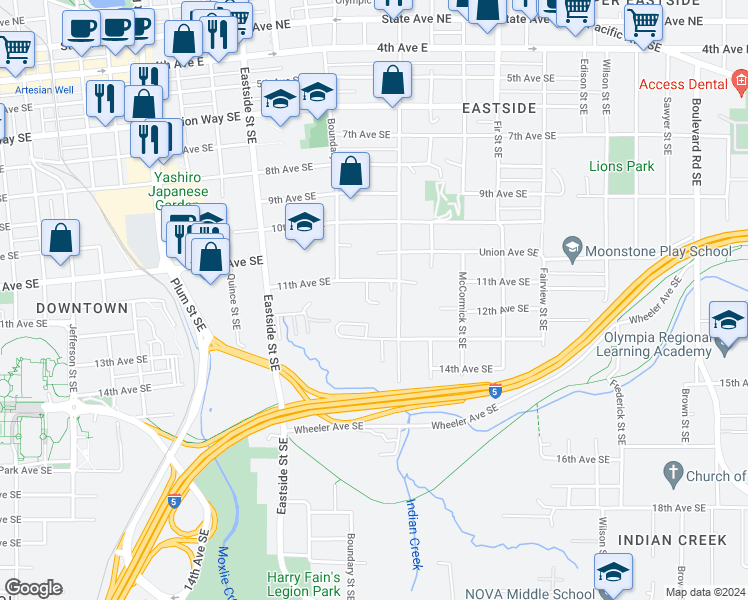 map of restaurants, bars, coffee shops, grocery stores, and more near 1112 Henry Street Southeast in Olympia