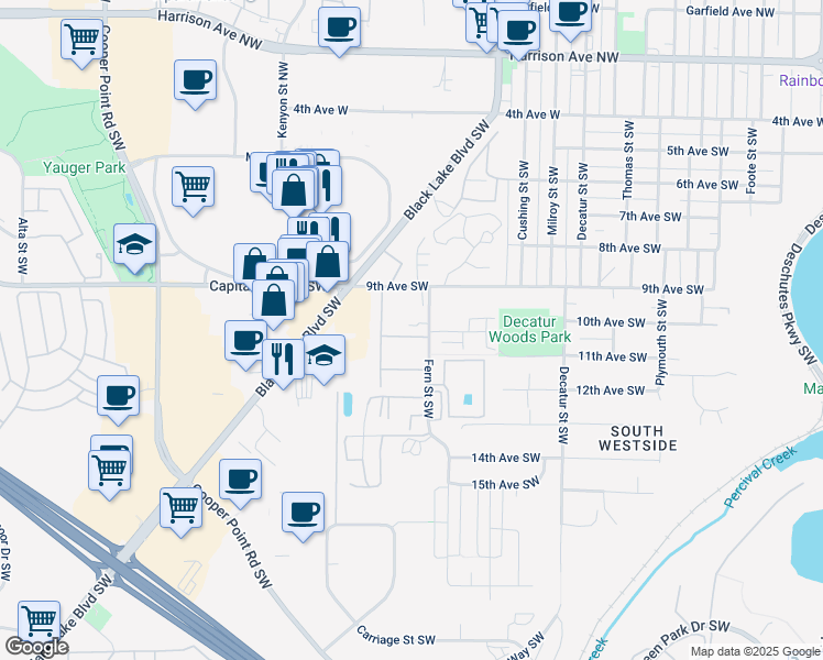 map of restaurants, bars, coffee shops, grocery stores, and more near 933 Fern Street Southwest in Olympia