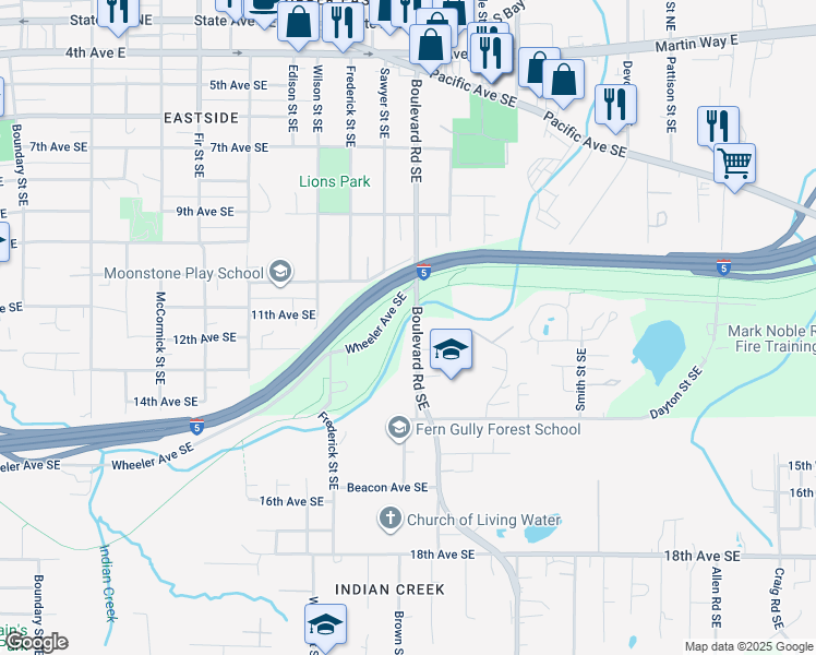 map of restaurants, bars, coffee shops, grocery stores, and more near 1111 Boulevard Road Southeast in Olympia