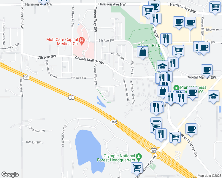 map of restaurants, bars, coffee shops, grocery stores, and more near 3600 Forestbrooke Way Southwest in Olympia