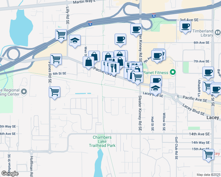 map of restaurants, bars, coffee shops, grocery stores, and more near 3808 12th Avenue Southeast in Lacey