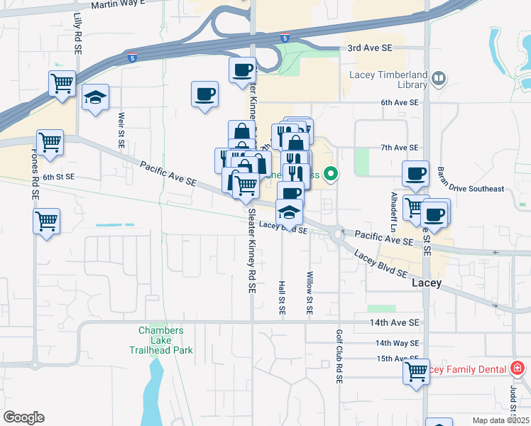 map of restaurants, bars, coffee shops, grocery stores, and more near 1010 Sleater Kinney Road Southeast in Lacey