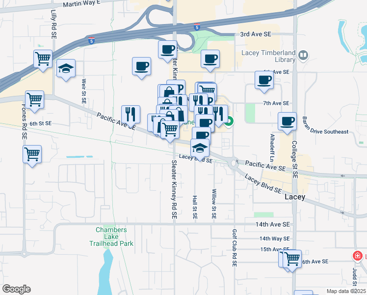 map of restaurants, bars, coffee shops, grocery stores, and more near in Lacey