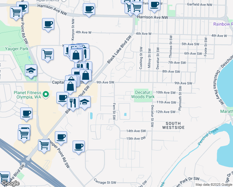 map of restaurants, bars, coffee shops, grocery stores, and more near 1000 Fern Street Southwest in Olympia