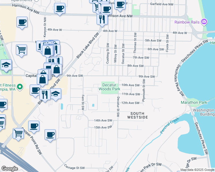 map of restaurants, bars, coffee shops, grocery stores, and more near 1015 Decatur Street Southwest in Olympia