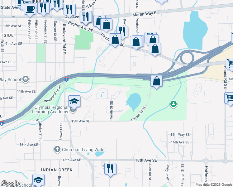 map of restaurants, bars, coffee shops, grocery stores, and more near 2720 10th Court Southeast in Olympia