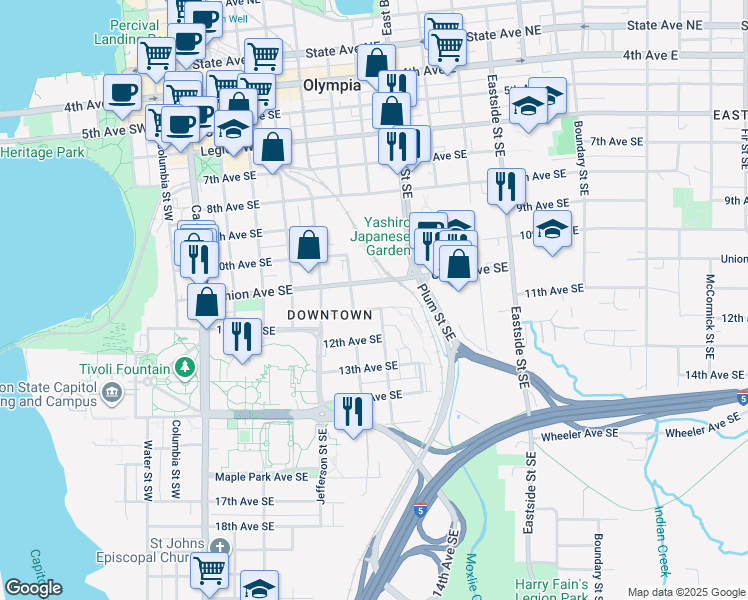 map of restaurants, bars, coffee shops, grocery stores, and more near 619 11th Avenue Southeast in Olympia