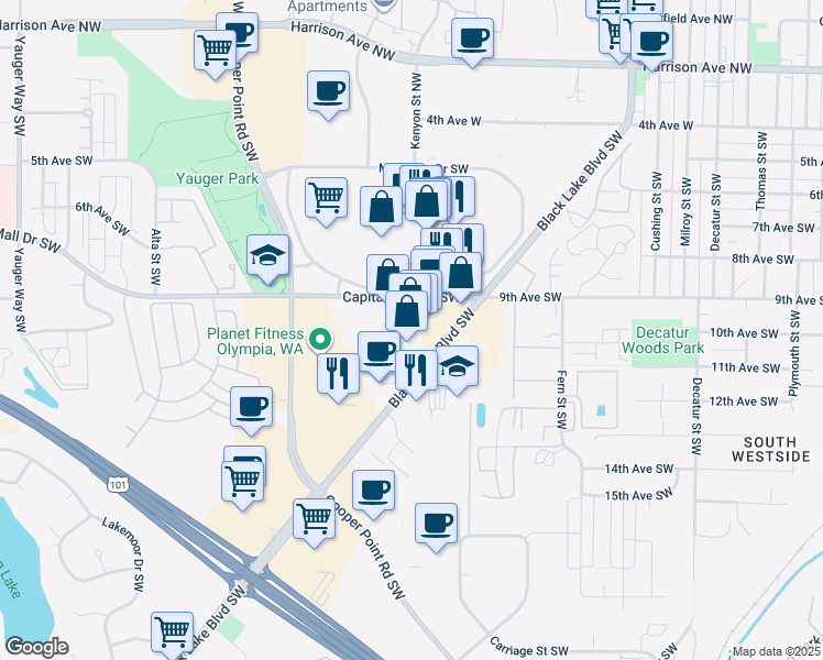 map of restaurants, bars, coffee shops, grocery stores, and more near 1025 Black Lake Boulevard Southwest in Olympia