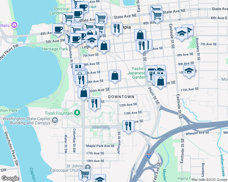 map of restaurants, bars, coffee shops, grocery stores, and more near 410 11th Avenue Southeast in Olympia