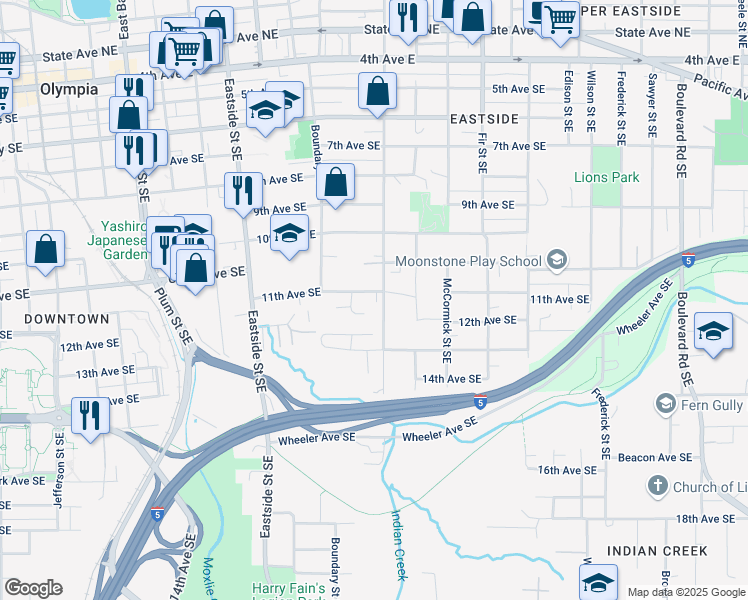 map of restaurants, bars, coffee shops, grocery stores, and more near 1112 Henry Street Southeast in Olympia