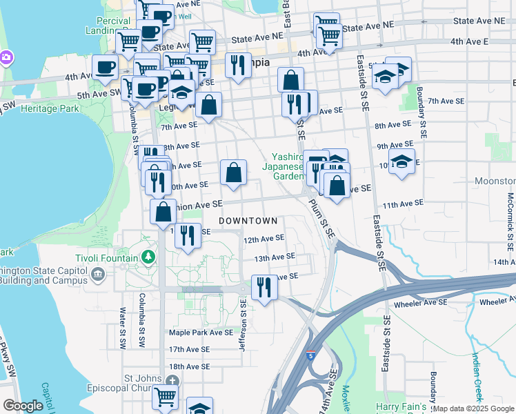 map of restaurants, bars, coffee shops, grocery stores, and more near in Olympia