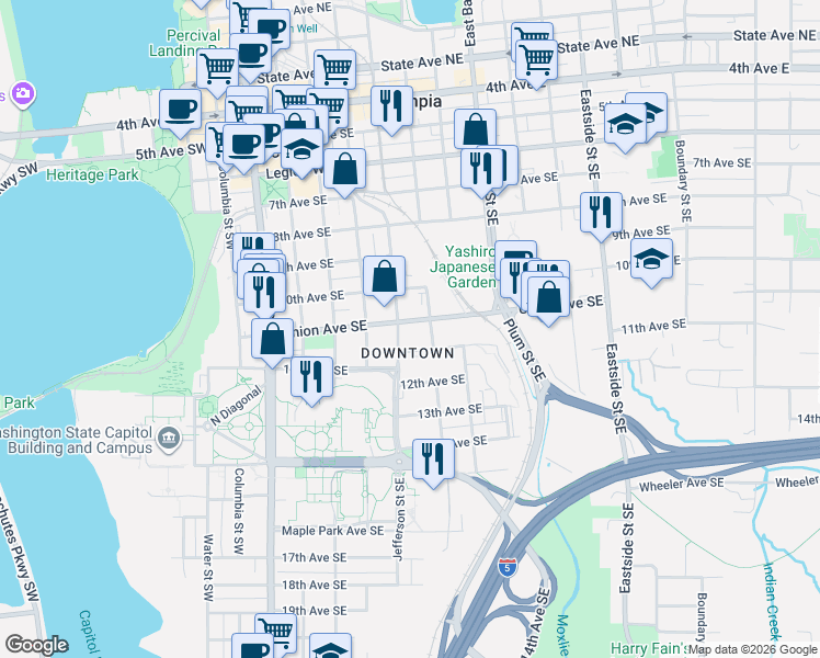 map of restaurants, bars, coffee shops, grocery stores, and more near in Olympia