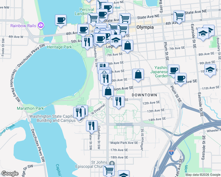 map of restaurants, bars, coffee shops, grocery stores, and more near in Olympia