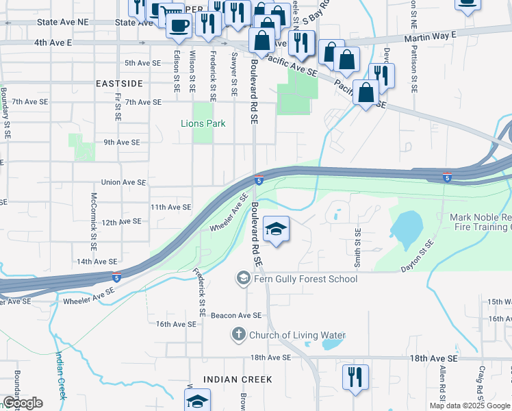 map of restaurants, bars, coffee shops, grocery stores, and more near Blvd Extension-Road Southeast in Olympia