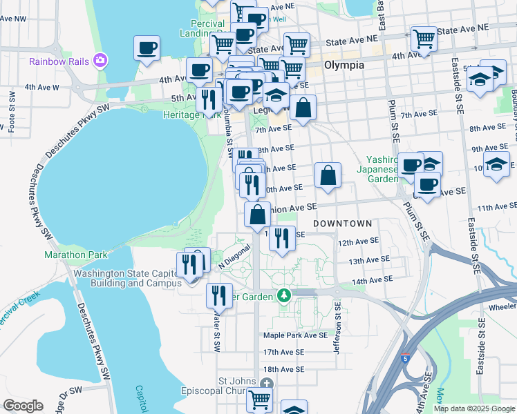 map of restaurants, bars, coffee shops, grocery stores, and more near in Olympia