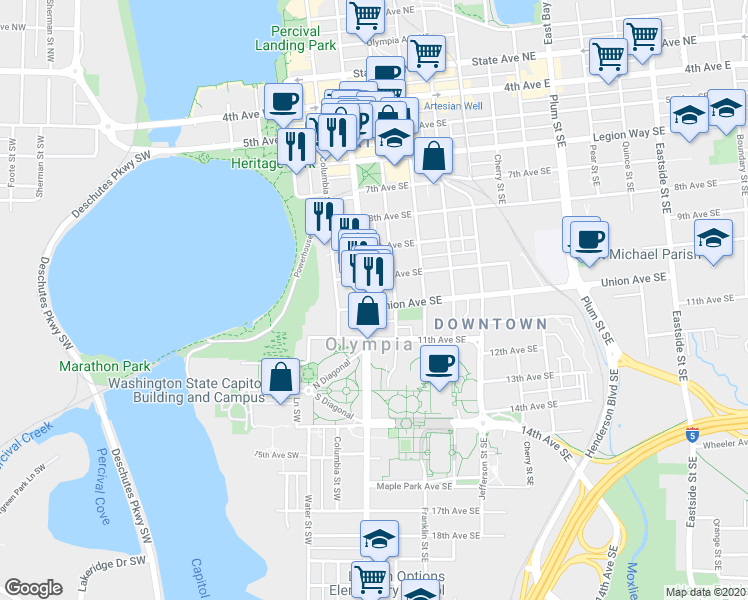 map of restaurants, bars, coffee shops, grocery stores, and more near 1018 Capitol Way South in Olympia