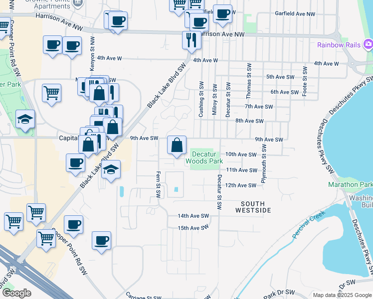 map of restaurants, bars, coffee shops, grocery stores, and more near 1000 Fern Street Southwest in Olympia
