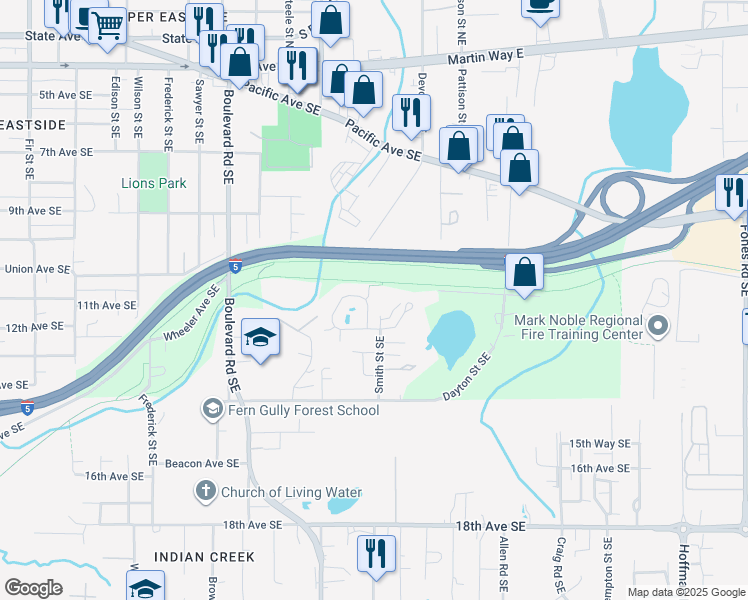 map of restaurants, bars, coffee shops, grocery stores, and more near 2520 10th Court Southeast in Olympia