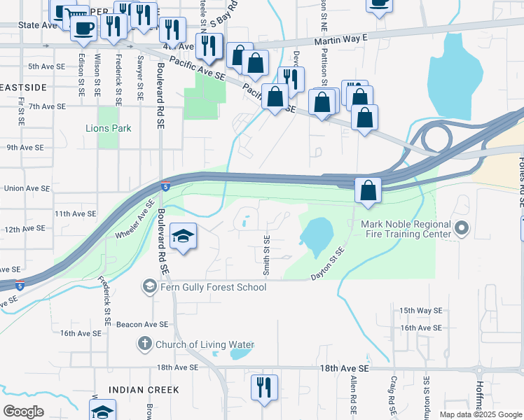 map of restaurants, bars, coffee shops, grocery stores, and more near 2520 10th Court Southeast in Olympia