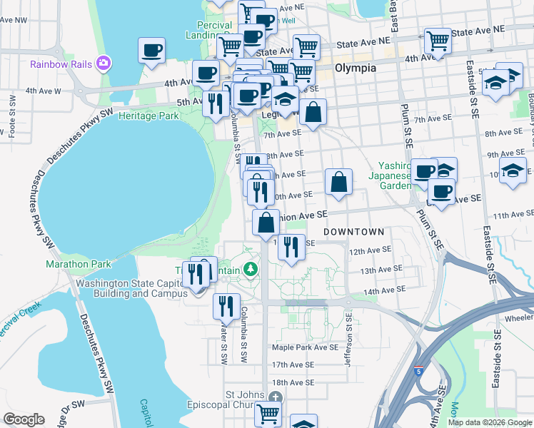 map of restaurants, bars, coffee shops, grocery stores, and more near in Olympia