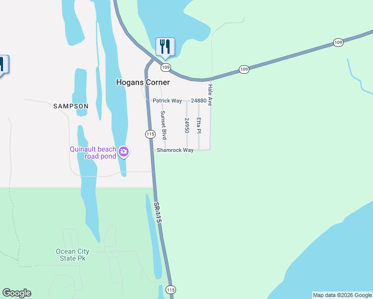 map of restaurants, bars, coffee shops, grocery stores, and more near 22 Shamrock Way in Hoquiam