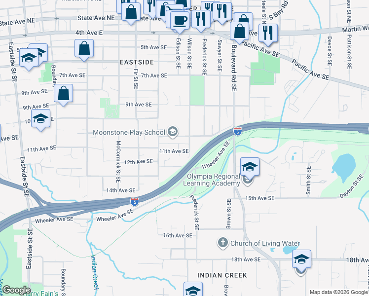 map of restaurants, bars, coffee shops, grocery stores, and more near 1958 12th Avenue Southeast in Olympia