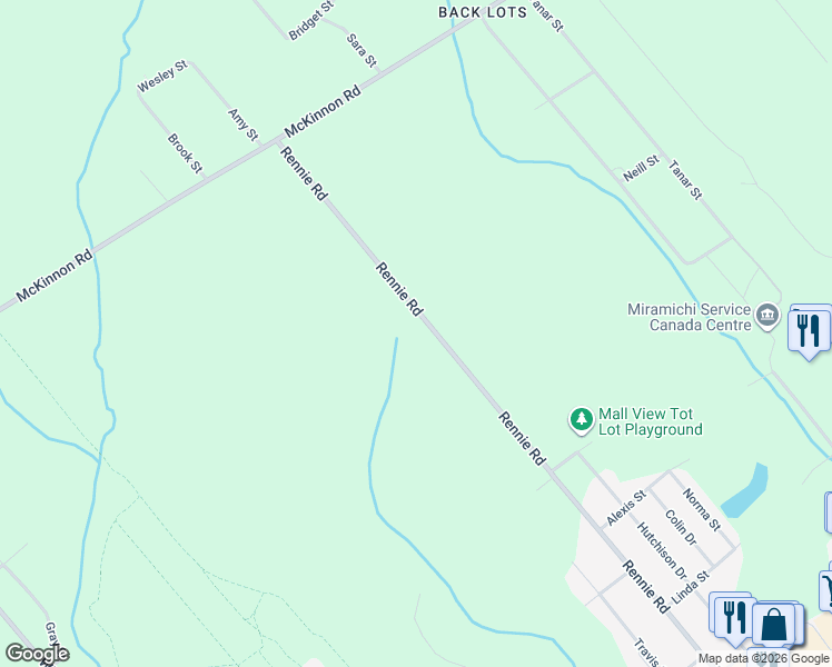 map of restaurants, bars, coffee shops, grocery stores, and more near 457 Rennie Road in Miramichi