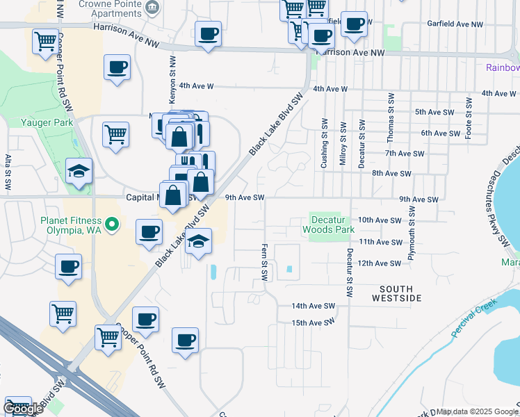 map of restaurants, bars, coffee shops, grocery stores, and more near 2229 9th Avenue Southwest in Olympia