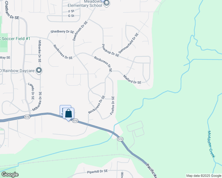 map of restaurants, bars, coffee shops, grocery stores, and more near 1416 Foxfire Drive Southeast in Olympia