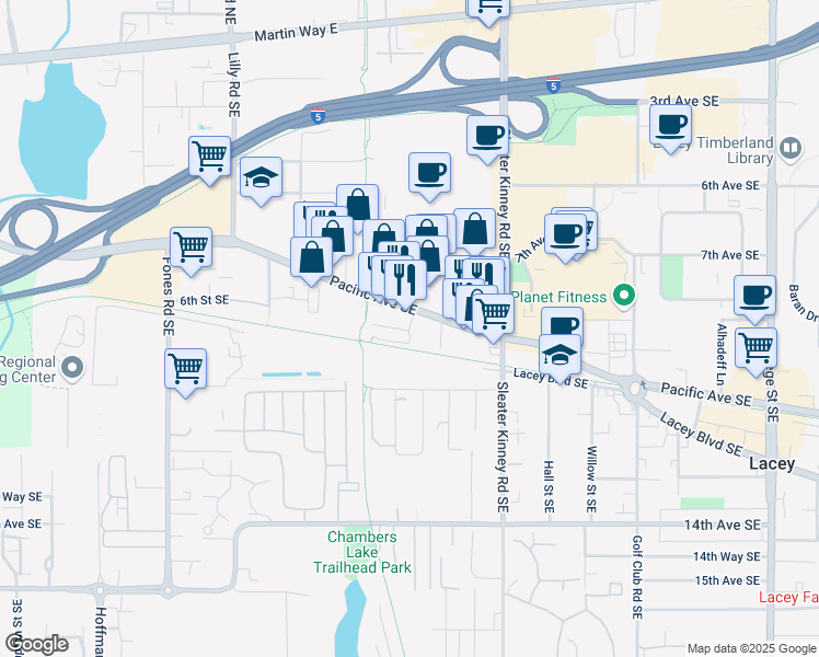 map of restaurants, bars, coffee shops, grocery stores, and more near 3813 Pacific Avenue Southeast in Olympia