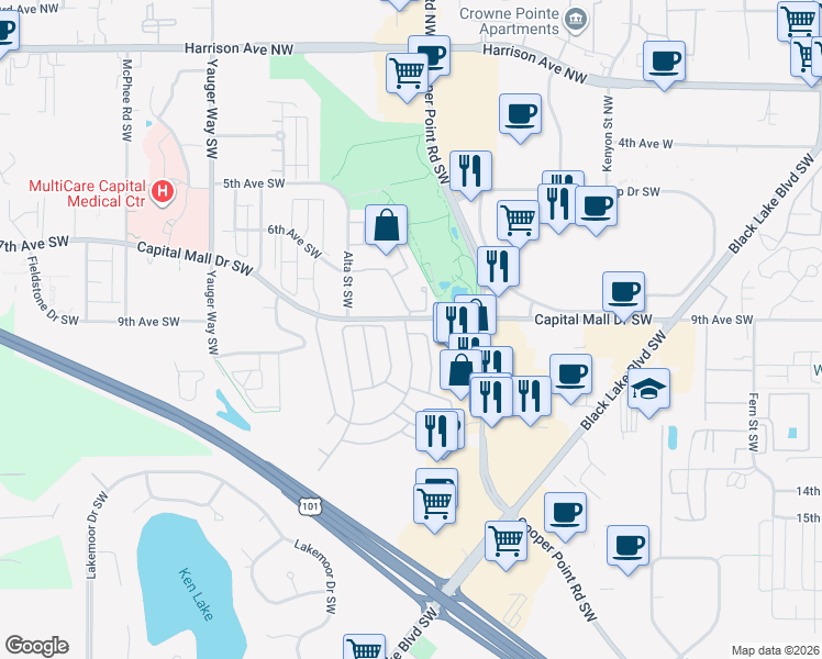 map of restaurants, bars, coffee shops, grocery stores, and more near in Olympia