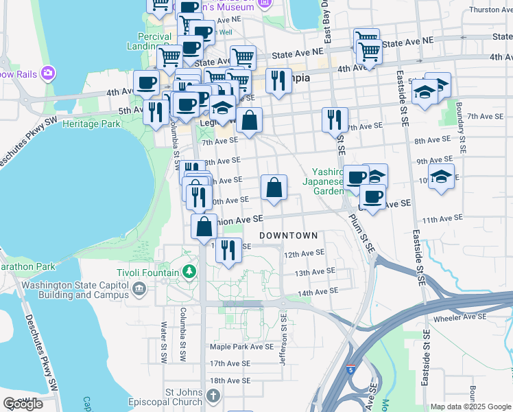 map of restaurants, bars, coffee shops, grocery stores, and more near 306 10th Avenue Southeast in Olympia