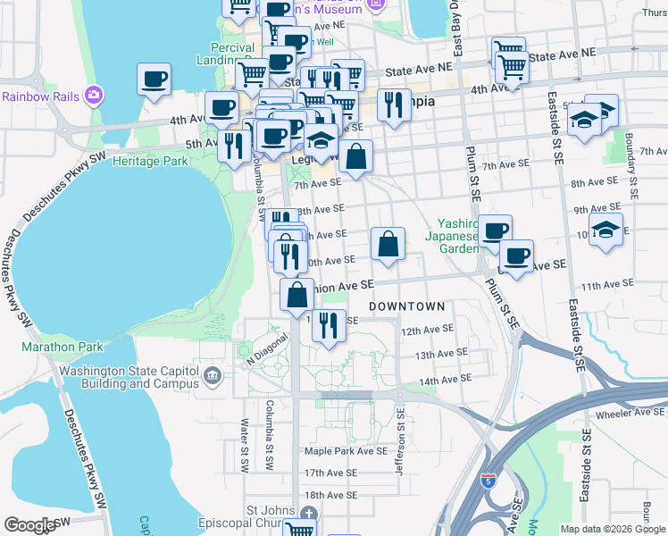 map of restaurants, bars, coffee shops, grocery stores, and more near 215 10th Avenue Southeast in Olympia