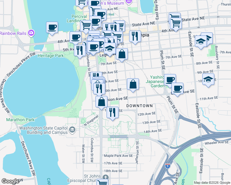 map of restaurants, bars, coffee shops, grocery stores, and more near 206 10th Avenue Southeast in Olympia