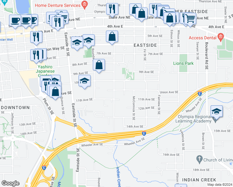 map of restaurants, bars, coffee shops, grocery stores, and more near 1058 Central Street Southeast in Olympia