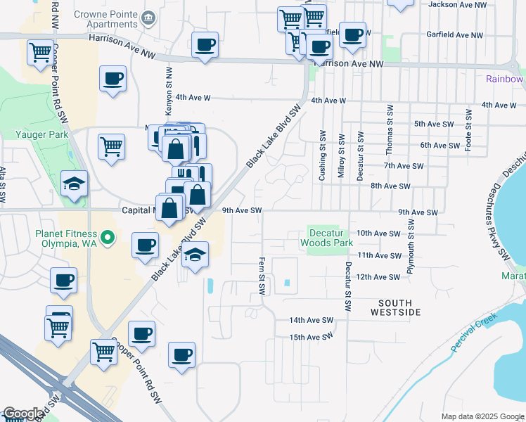map of restaurants, bars, coffee shops, grocery stores, and more near 9th Ave SW & Fern St SW in Olympia