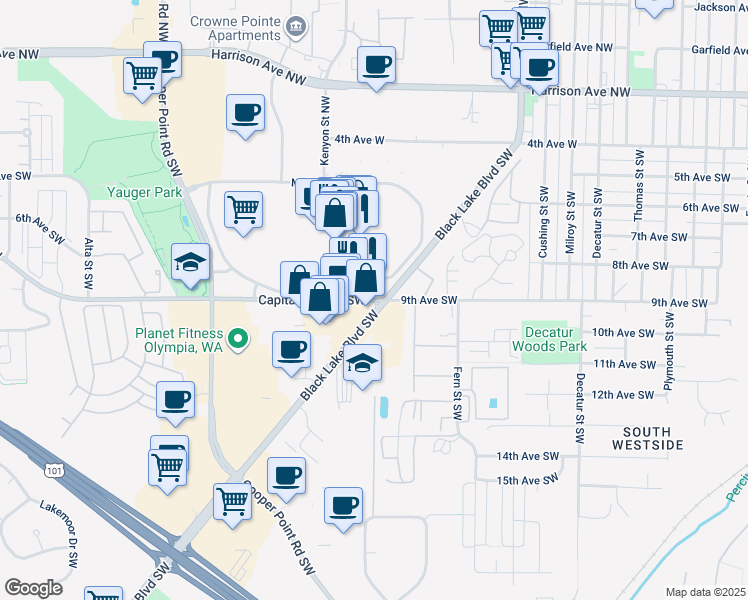 map of restaurants, bars, coffee shops, grocery stores, and more near 2422 Capital Mall Drive Southwest in Olympia