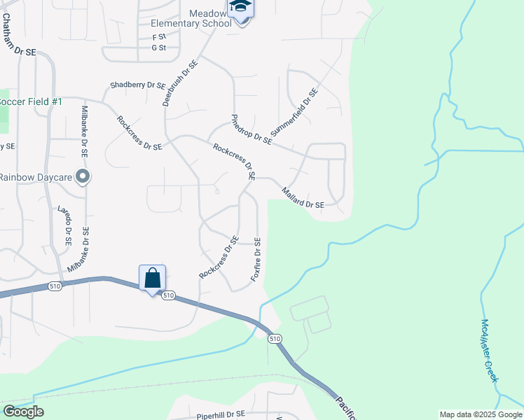map of restaurants, bars, coffee shops, grocery stores, and more near 1416 Foxfire Drive Southeast in Olympia