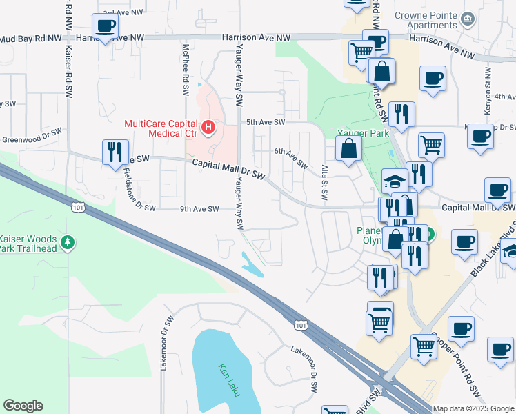 map of restaurants, bars, coffee shops, grocery stores, and more near 800 Yauger Way Southwest in Olympia