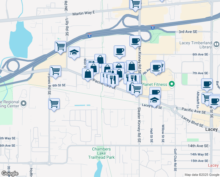 map of restaurants, bars, coffee shops, grocery stores, and more near 3813 Pacific Avenue Southeast in Olympia