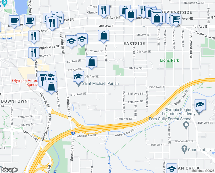 map of restaurants, bars, coffee shops, grocery stores, and more near 1054 Central Street Southeast in Olympia