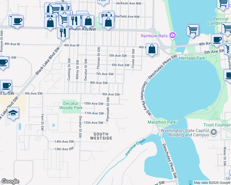 map of restaurants, bars, coffee shops, grocery stores, and more near 1316 9th Avenue Southwest in Olympia