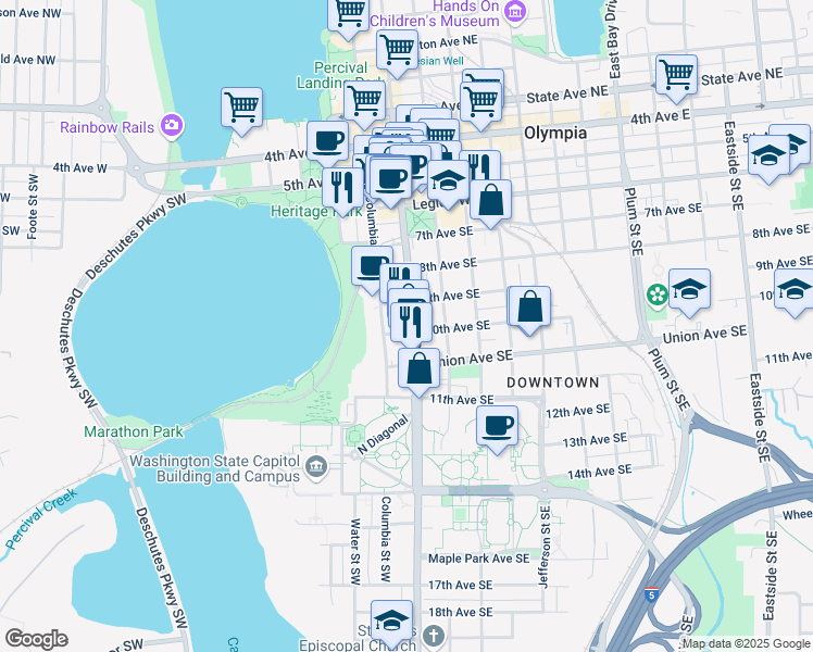 map of restaurants, bars, coffee shops, grocery stores, and more near 919 Capitol Way South in Olympia
