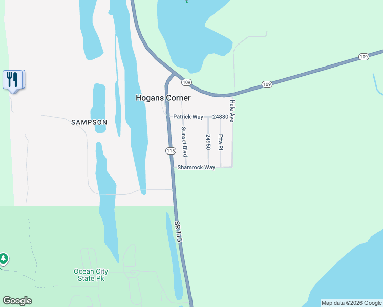 map of restaurants, bars, coffee shops, grocery stores, and more near 45 Sunset Boulevard in Hoquiam