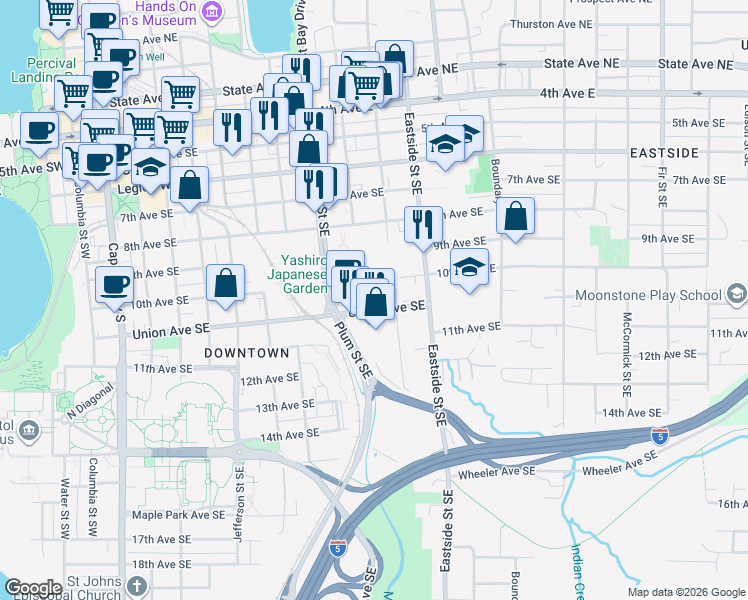 map of restaurants, bars, coffee shops, grocery stores, and more near 433 Olympic Way Southwest in Olympia