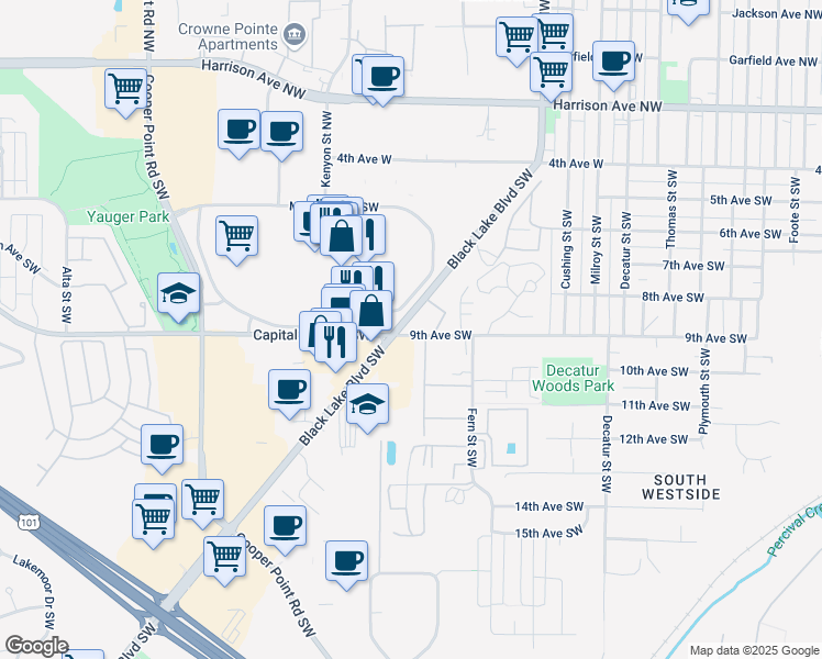 map of restaurants, bars, coffee shops, grocery stores, and more near in Olympia