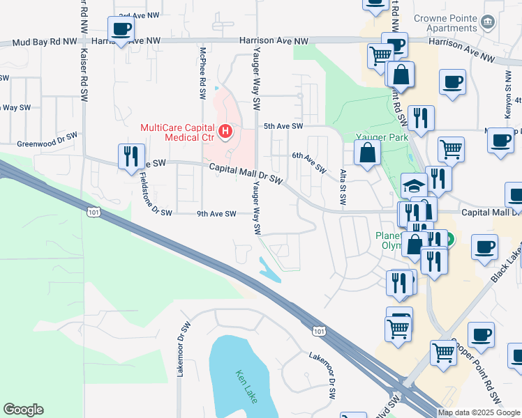 map of restaurants, bars, coffee shops, grocery stores, and more near 800 Yauger Way Southwest in Olympia